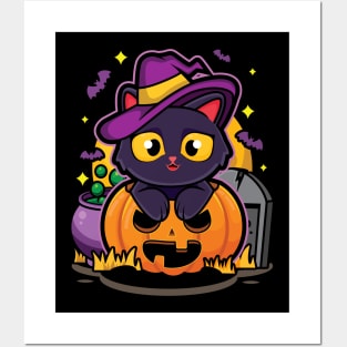 Cute Halloween Pumpkin Cat Posters and Art